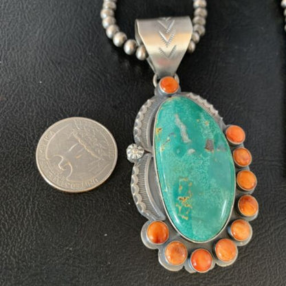 Native American Men's Green Turquoise Spiny Pendant Necklace | Sterling Silver | 14000