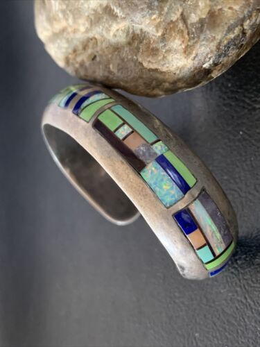 Old Pawn Navajo Turquoise Gaspeite Lapis Inlay Bracelet | Sterling Silver | Authentic Native American Handmade | 14160