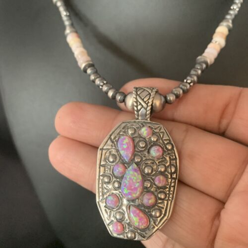 Navajo Pink Opal Beads Necklace with Multi-Stone Mother of Pearl Pendant | Sterling Silver | 13442