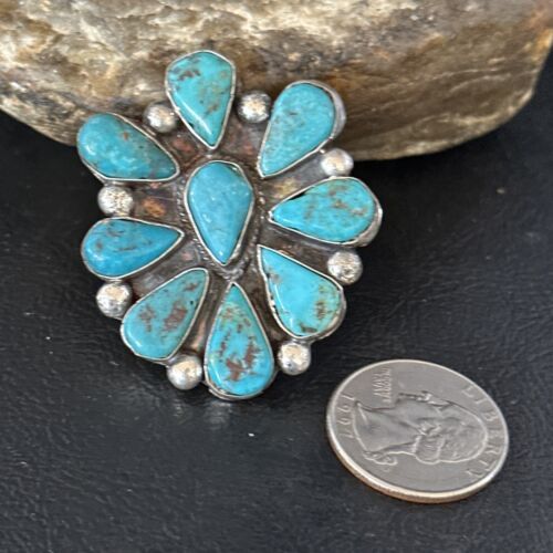 Navajo Blue Turquoise Cluster Ring | Authentic Native American Sterling Silver | Multi-Stone | Sz 7.5 | 14746