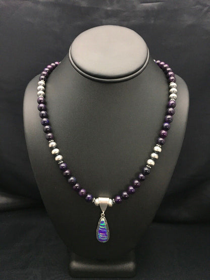 Navajo Purple Sugilite Necklace with Opal Pendant | Sterling Silver | 23" | Authentic Native American Handmade | 2794