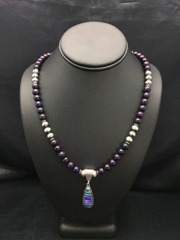 Navajo Purple Sugilite Necklace with Opal Pendant | Sterling Silver | 23" | Authentic Native American Handmade | 2794