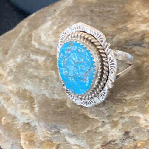 Southwestern Navajo Blue Kingman Turquoise Ring | Sterling Silver | Sz 8 | 12959