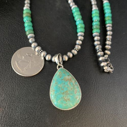 Navajo Pearl Green Royston Turquoise Pendant Necklace | Sterling Silver | 21" | Authentic Native American Handmade | 13911