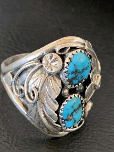 Navajo Blue Kingman Turquoise Feather Ring | Authentic Native American Sterling Silver | Multi-Stone | Sz 11.5 | 12221