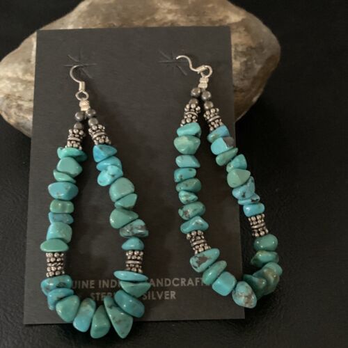 Navajo Turquoise Bead Nugget Earrings | Sterling Silver Pearls | 3" | Authentic Native American Handmade | 12890
