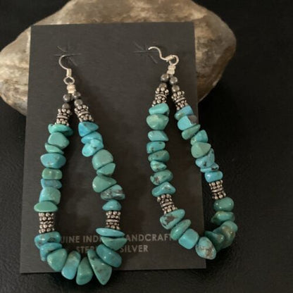 Navajo Turquoise Bead Nugget Earrings | Sterling Silver Pearls | 3" | Authentic Native American Handmade | 12890