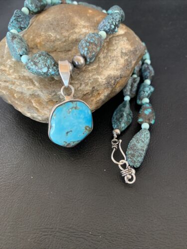Men's Navajo Kingman Turquoise Pendant Necklace | Sterling Silver | 20" | Authentic Native American Handmade | 10224
