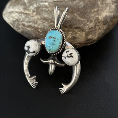 Navajo Blue Kingman Turquoise White Buffalo Naja Pendant | Sterling Silver | Authentic Native American Handmade | 14668