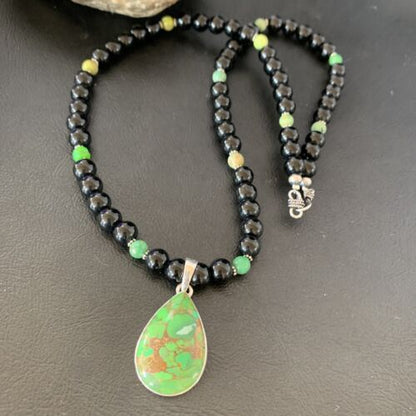 Navajo Pearls Onyx Mojave Turquoise Pendant Necklace | Sterling Silver | Authentic Native American Handmade | 10346
