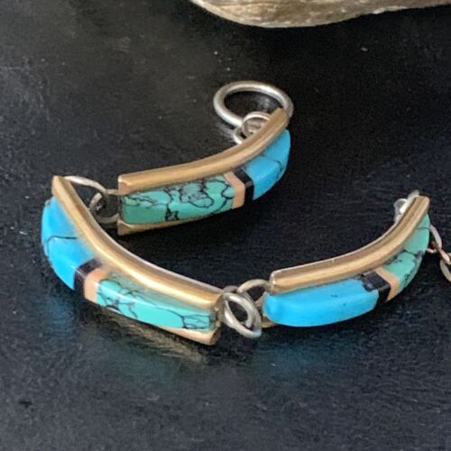 Navajo Blue Turquoise Lapis Inlay Link Bracelet | Sterling Silver | 7" | Authentic Native American Handmade | 13695