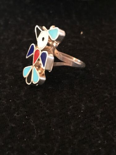 Zuni Peyote Bird Ring | Turquoise Onyx Coral Mother of Pearl Inlay | Sz 6.6 | Sterling Silver | 10792