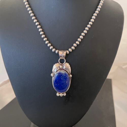 Native American Men's Navajo Pearl Pendant Necklace | Sterling Silver Blue Lapis | 01527