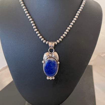 Native American Men's Navajo Pearl Pendant Necklace | Sterling Silver Blue Lapis | 01527