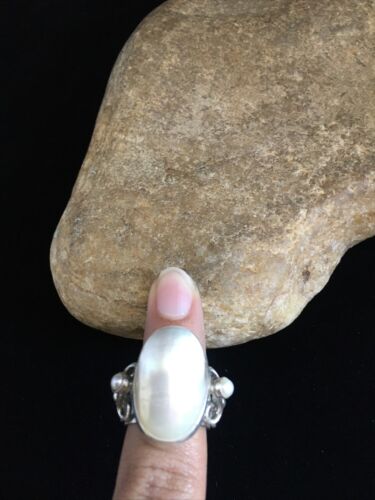 Southwestern Navajo White Mabe Pearl Ring | Sterling Silver | Sz 8 | Authentic Native American Handmade | 01722