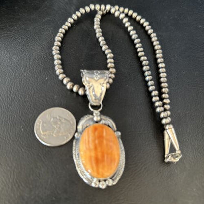 Navajo Pearls Orange Spiny Oyster Necklace Pendant | Sterling Silver | Authentic Native American Handmade | 14718