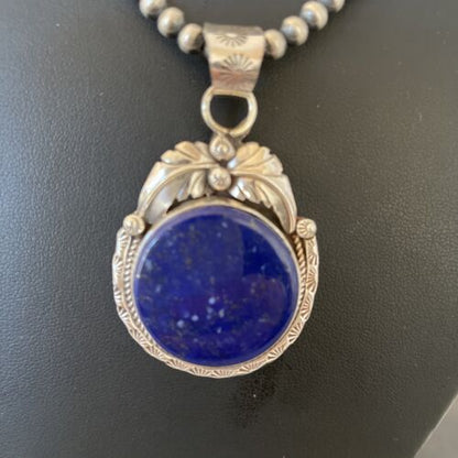 Native American Men's Necklace | Sterling Silver Navajo Pearls with Blue Lapis Pendant | 1525