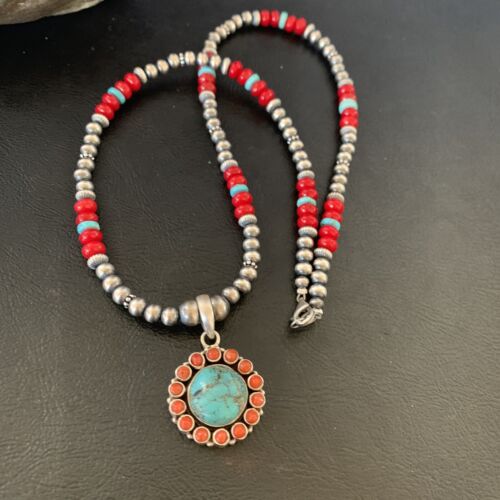 Southwestern Navajo Multi-Stone Necklace | Turquoise Coral Pendant | Sterling Silver | 21" | 12581