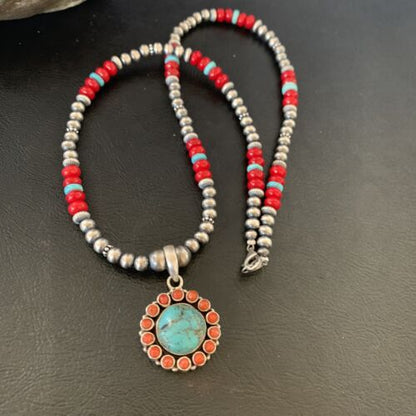 Southwestern Navajo Multi-Stone Necklace | Turquoise Coral Pendant | Sterling Silver | 21" | 12581