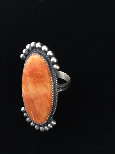 Navajo Orange Spiny Oyster Ring | Sterling Silver | Sz 9 | Authentic Native American Handmade | 10071
