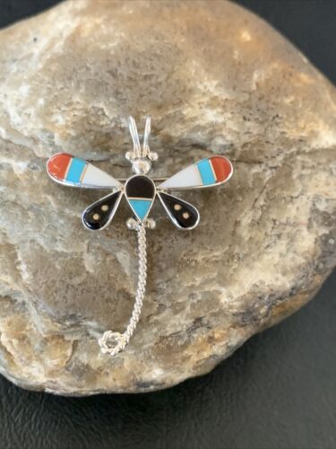 Zuni Turquoise Mother of Pearl Inlay Dragonfly Necklace Pin Pendant | Sterling Silver | 12327