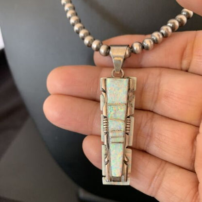 Navajo White Opal Inlay Pendant | Sterling Silver | 2" | Authentic Native American Handmade | 10917