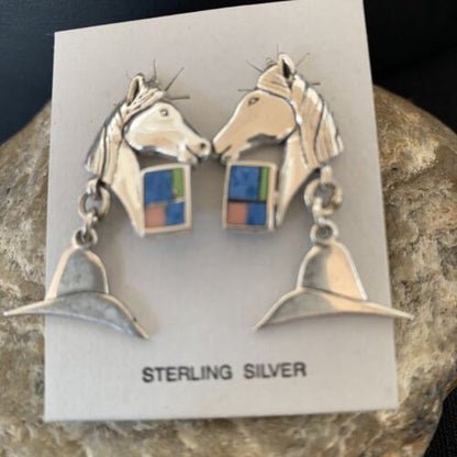 Native American Navajo Blue Lapis & Pink Opal Sterling Silver Horse Inlay Earrings 1" | 1513