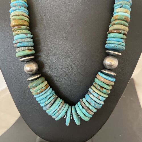 Southwestern Navajo Blue & Green Turquoise Necklace | Sterling Silver | Graduated | Authentic Native American | 20" | 1143 - Masha USA
