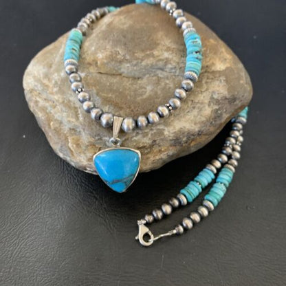 Navajo Pearl Necklace with Blue Kingman Turquoise Pendant | Sterling Silver | Authentic Native American Handmade | 12551