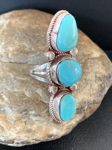Navajo Blue Turquoise Cluster Ring | Authentic Native American Sterling Silver | Multi-Stone | Sz 8 | 2121