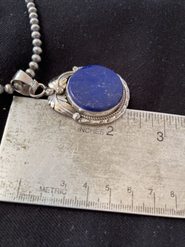 Native American Men's Necklace | Sterling Silver Navajo Pearls with Blue Lapis Pendant | 1525