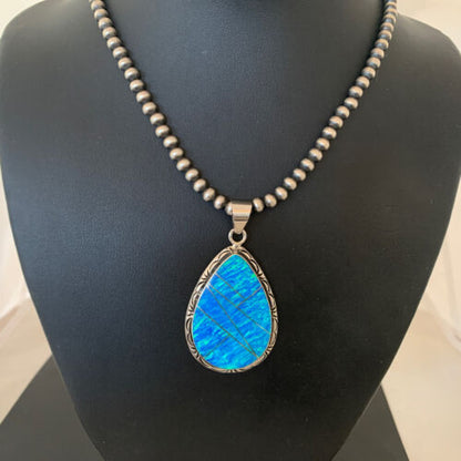 Native American Women's Navajo Blue Faux Opal Pendant | Sterling Silver | 2.30" | 01896