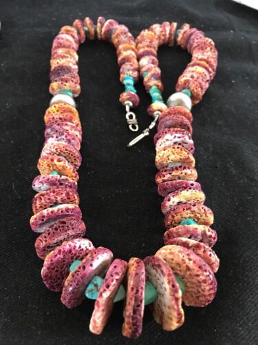 Authentic Native American Navajo Necklace | Purple Spiny Oyster & Turquoise | Sterling Silver | 24" Graduated