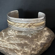 Men's Navajo Handmade Stamped Cuff Bracelet | Sterling Silver & 12K Gold | Authentic Native American | 14593
