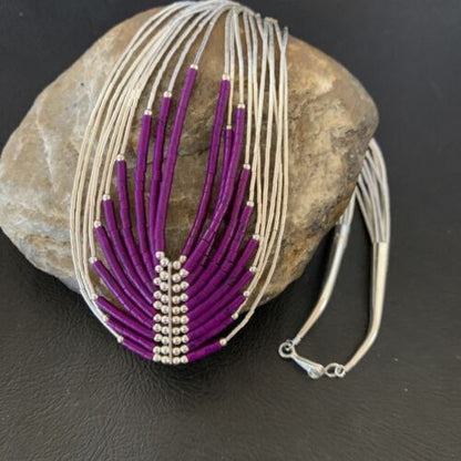 Sugilite Liquid Silver Heishi Necklace | 10 Strand | Sterling Tubes Pendant | 12299