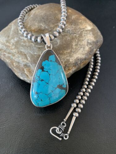 Men's Navajo Blue Spiderweb Turquoise Pendant Necklace | Sterling Silver | Authentic Native American Handmade | 10666