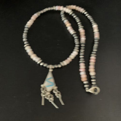 Navajo Mother of Pearl Turquoise Inlay Pendant with Pink Opal Bead Necklace | Sterling Silver | 13457