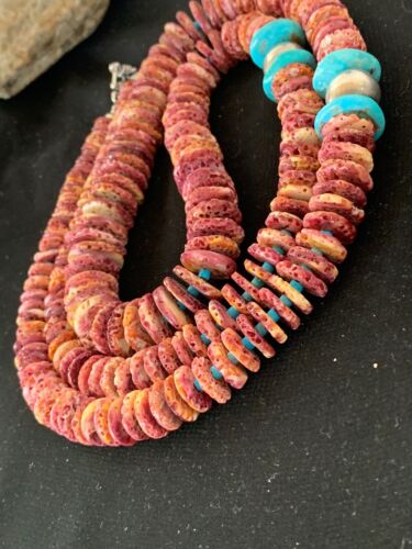 Authentic Native American Navajo Necklace | Purple Spiny Oyster & Turquoise | Sterling Silver Navajo Pearls | 36"