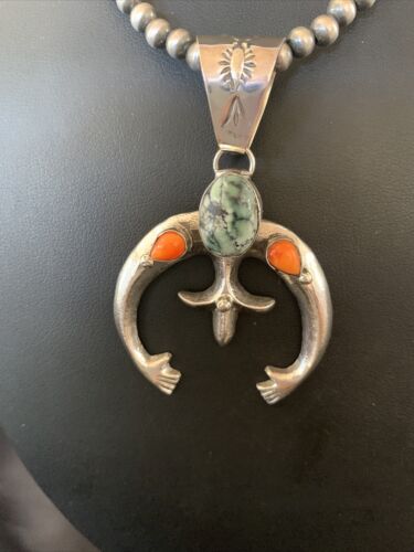 Navajo Pearl Necklace with Green Turquoise & Spiny Oyster Naja Pendant | Sterling Silver | Authentic Native American Handmade | 11701