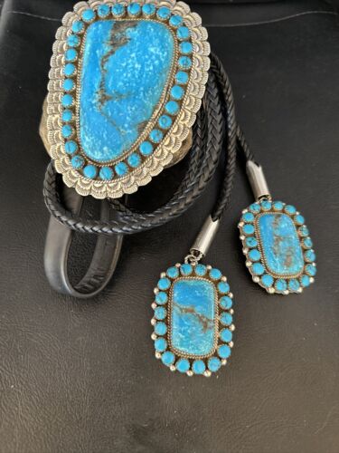 Navajo Blue Kingman Turquoise Bolo Tie | Sterling Silver | Authentic Native American Handmade | 14228