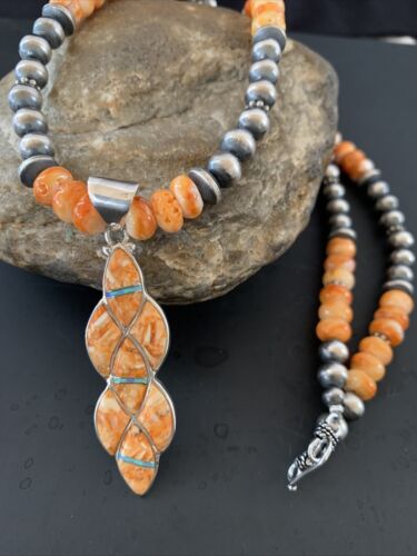 Navajo Pearls Sterling Silver Necklace | Orange Spiny Oyster Inlay Pendant | Authentic Native American Handmade | 11314