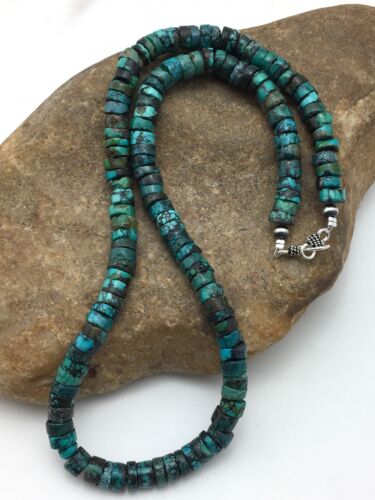 Native American Green Turquoise Heishi Bead Necklace | 10mm Sterling Silver | 20" | 4357