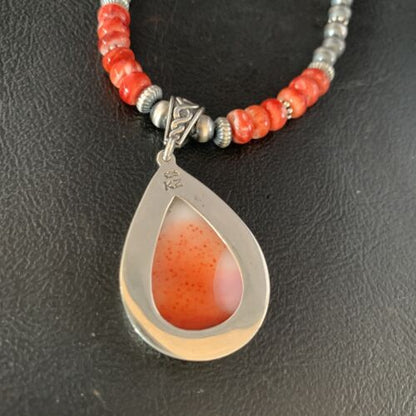 Navajo Red Spiny Oyster Necklace | Sterling Silver Pendant | Men's Women's | Authentic Native American Handmade | 13814