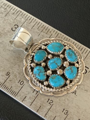 Navajo Kingman Blue Turquoise Cluster Pendant | Authentic Native American Sterling Silver | Multi-Stone | 2" | 2093