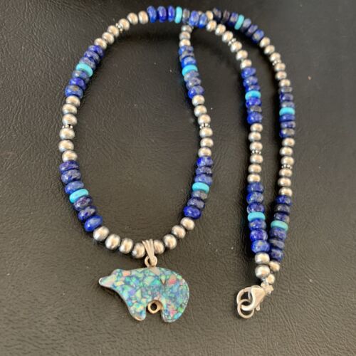 Navajo Bear Pendant | Blue Lapis, Turquoise, Opal | Sterling Silver Necklace | 22" | 13362