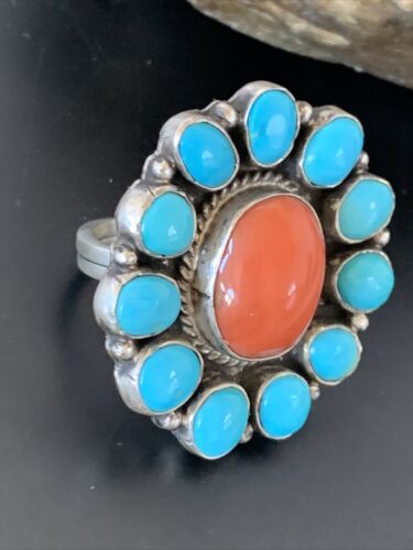Navajo Blue Turquoise Coral Cluster Ring | Authentic Native American Sterling Silver | Multi-Stone | Sz 9.5 | 11507