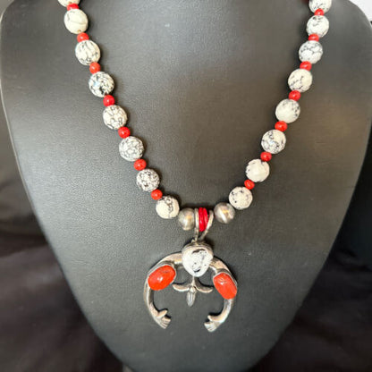 Navajo White Buffalo Turquoise Coral Naja Pendant Necklace | Sterling Silver | 22" | 14690