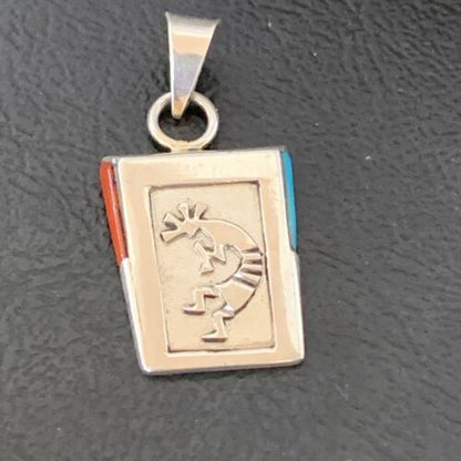 Navajo Kokopelli Coral Turquoise Inlay Pendant | Sterling Silver | Authentic Native American Handmade | 10880