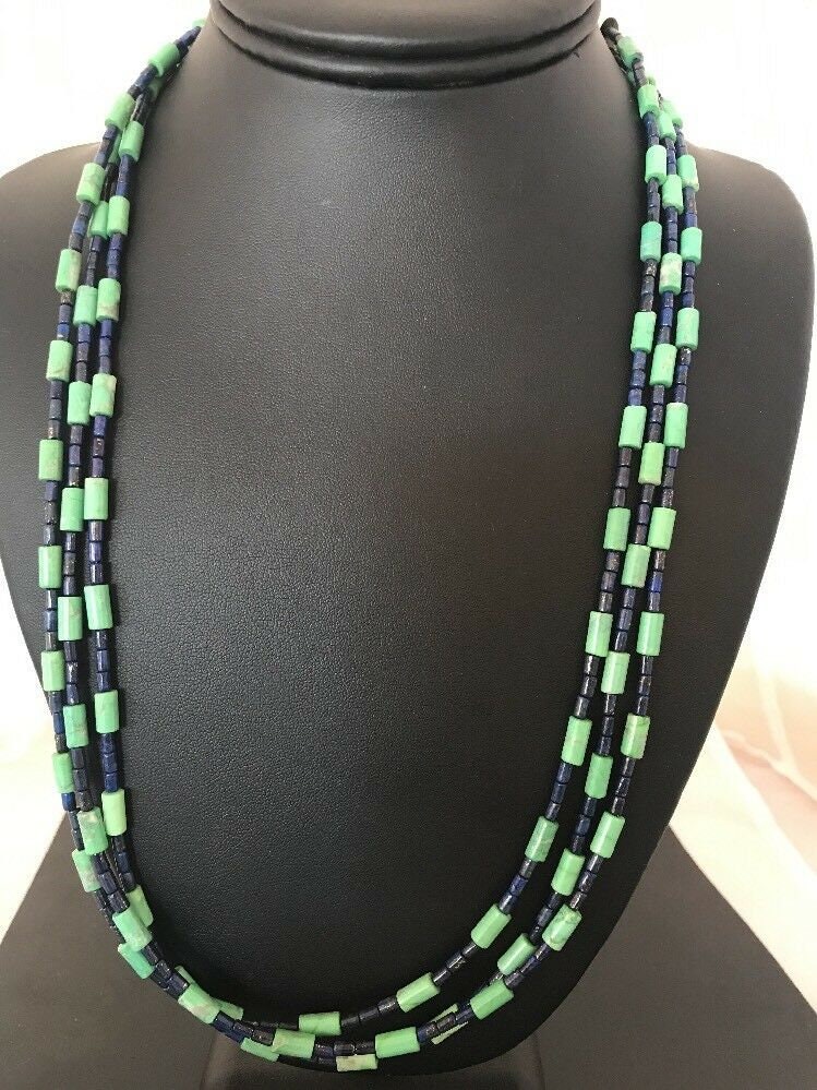 Navajo Tube Beads Lapis Turquoise Necklace | Sterling Silver | Authentic Native American Handmade | 3260