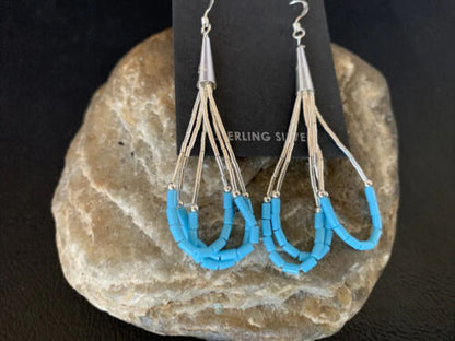 Handmade Liquid Silver Heishi Dangle Earrings | Blue Turquoise | Sterling Silver | 2" | 13049